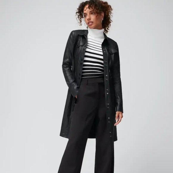 WHBM CONVERTIBLE Dress Jacket Coat Shacket Long Sleeve Coated Denim - Picture 2 of 7